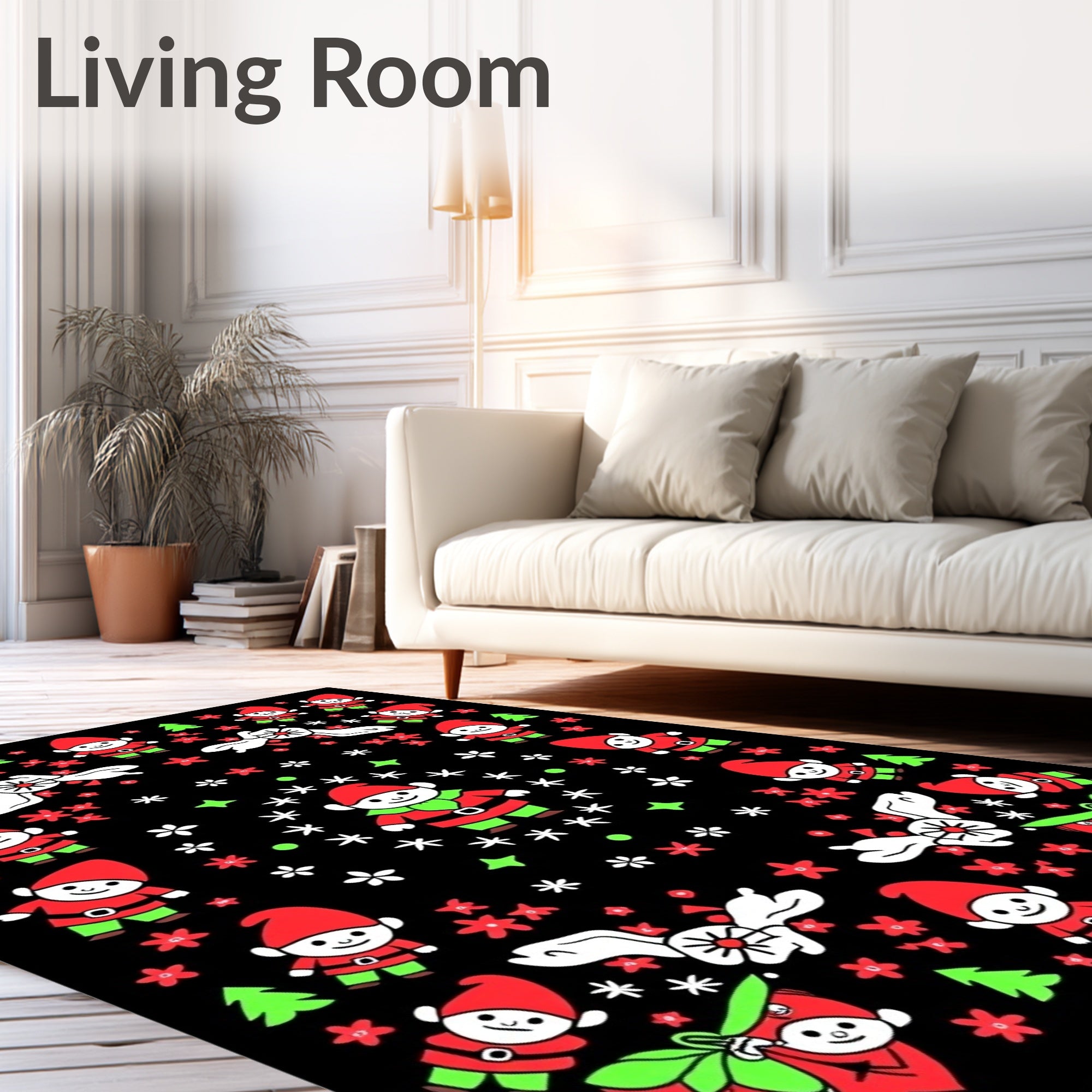 Whimsical Elf Christmas Black Floral Rug