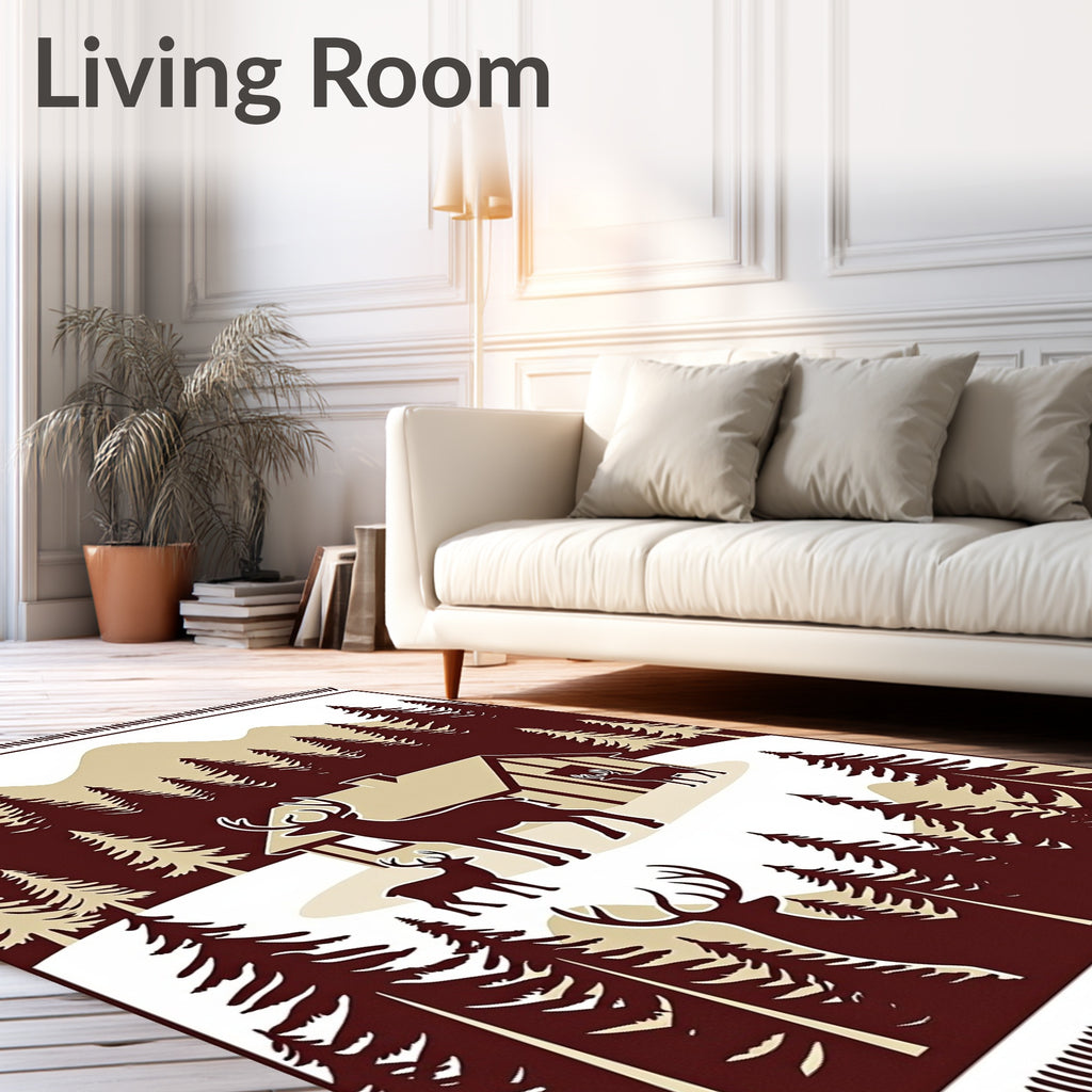 Woodland Cabin Deer Forest Scene Rug