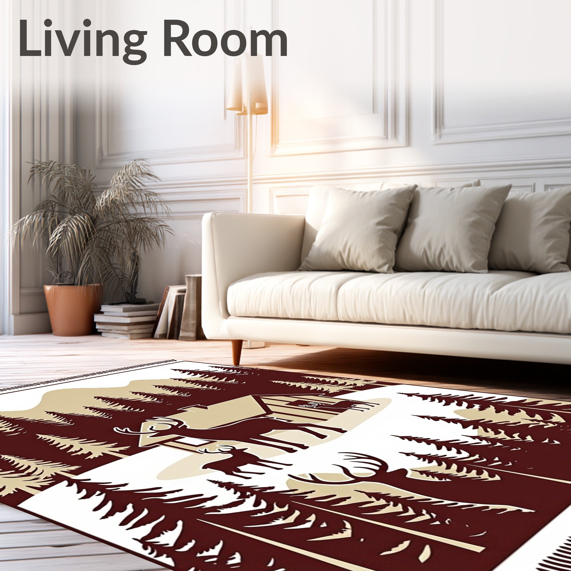 Woodland Cabin Deer Forest Scene Rug