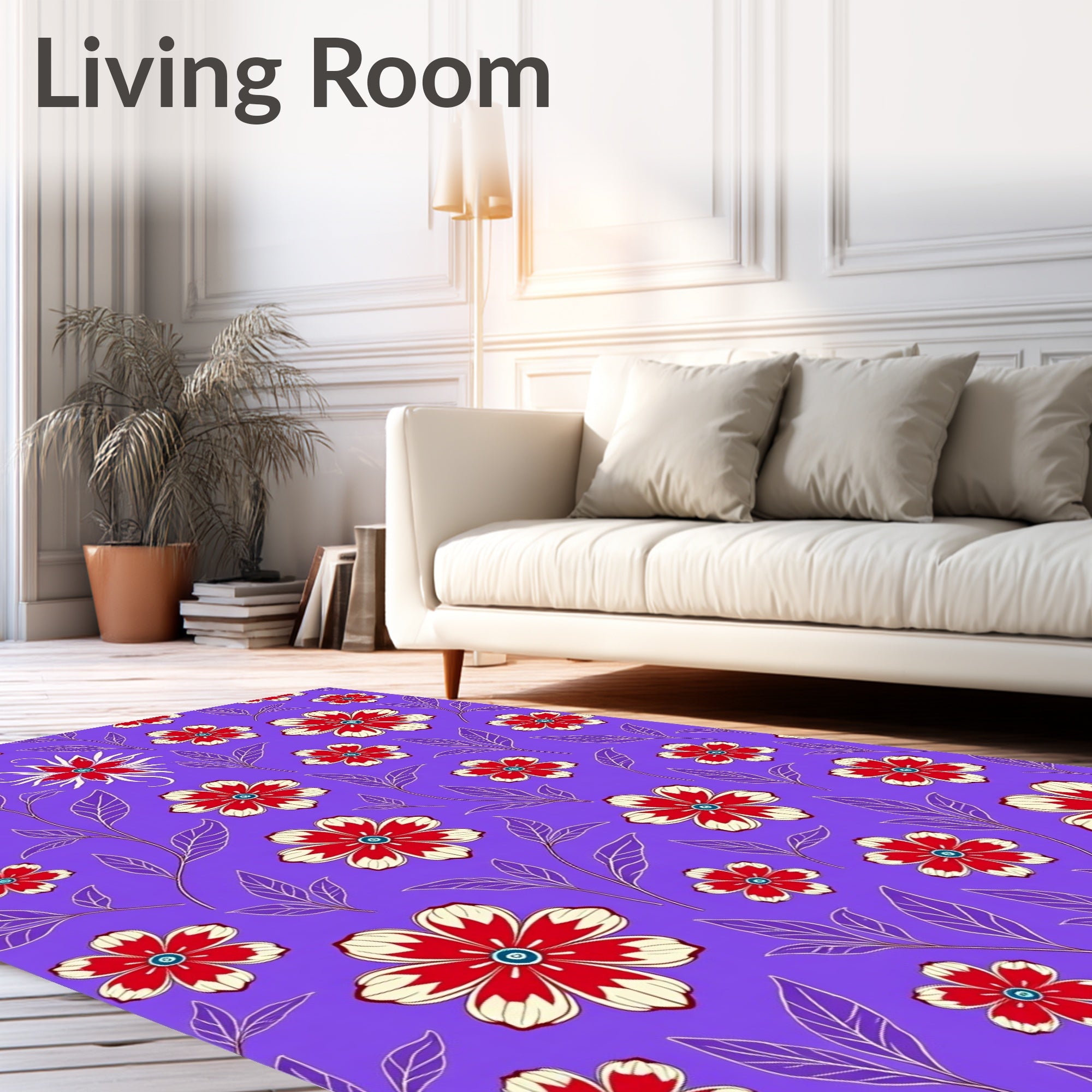 Red Cream Floral Vines Lavender Background Rug