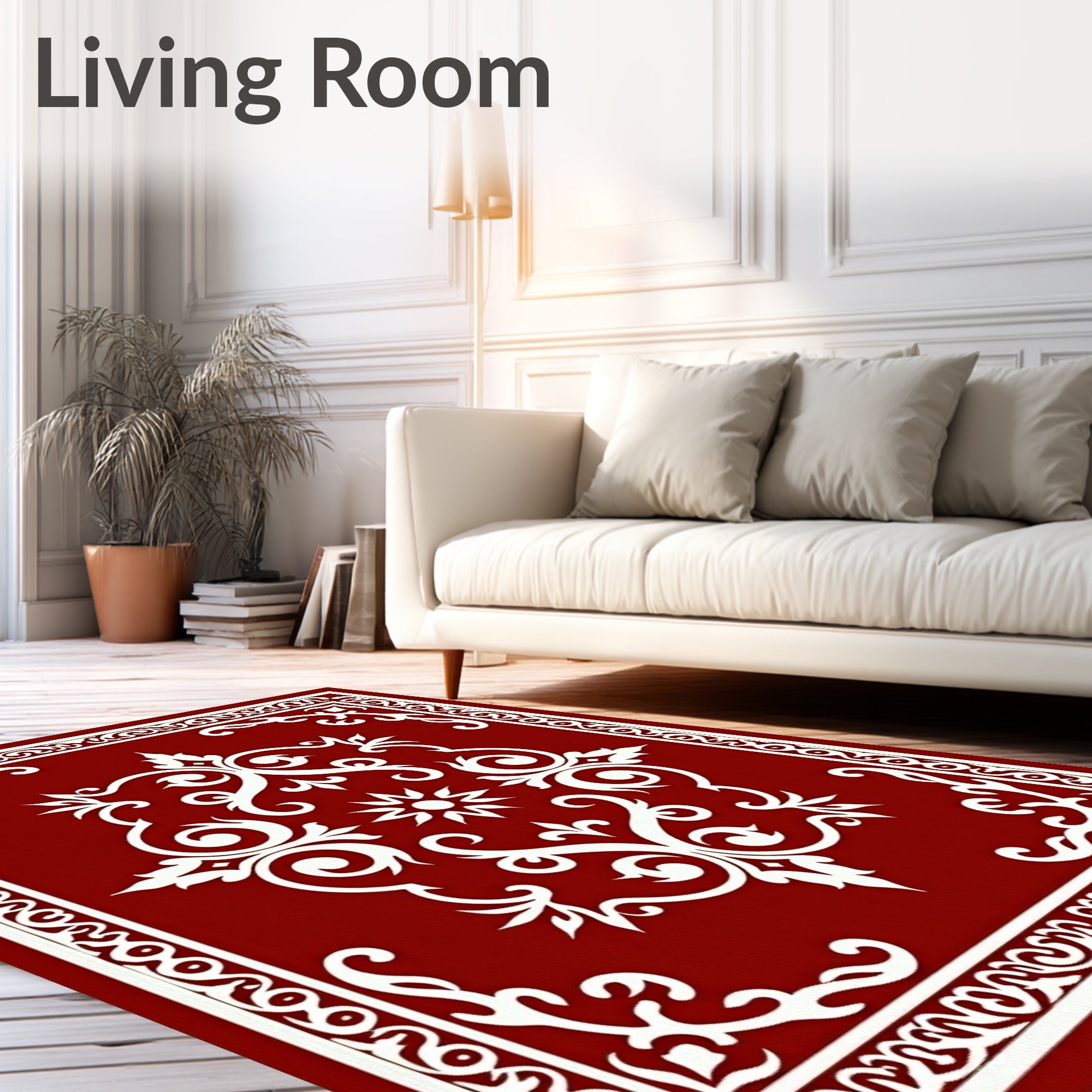 Crimson White Scrollwork Central Ornament Rug