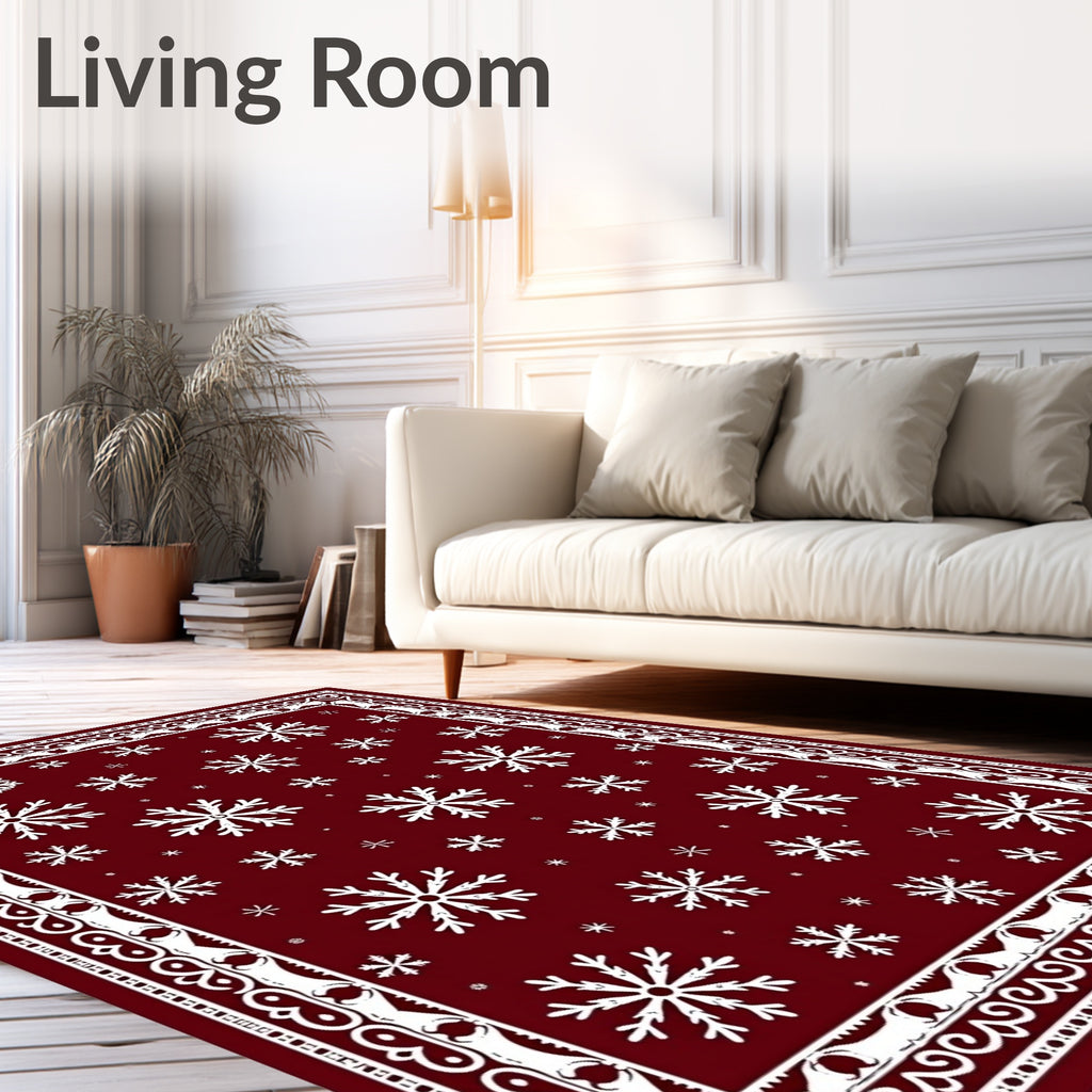 Deep Red White Winterflakes Bordered Rug