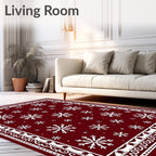 Deep Red White Winterflakes Bordered Rug