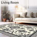 Intricate Black Floral Medallion Cream Rug