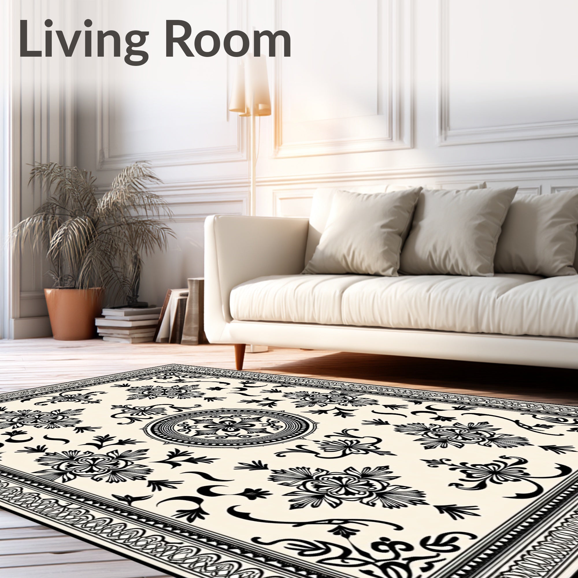 Intricate Black Floral Medallion Cream Rug
