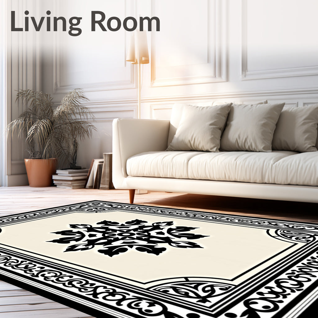 Black Cream Ornate Floral Central Medallion Rug