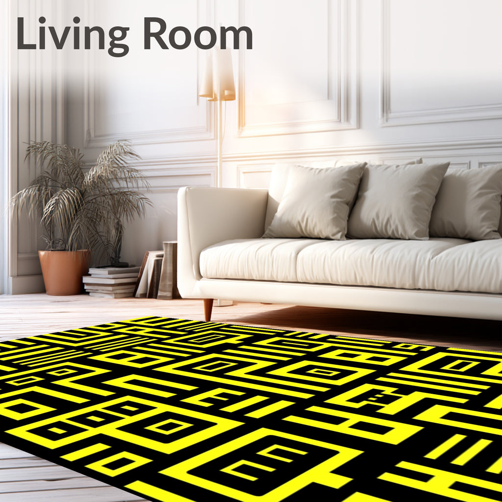 Bold Yellow Black Geometric Labyrinth Rug