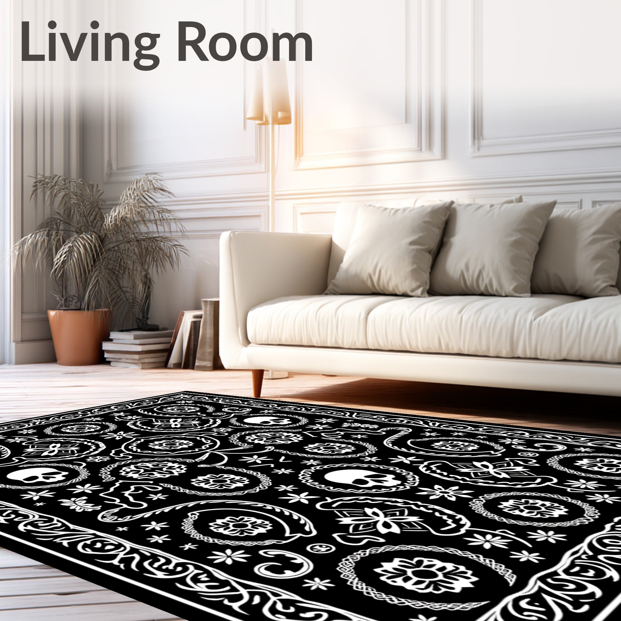 Black and White Skull Floral Scroll Rug