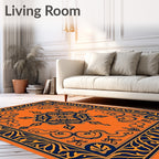 Vibrant Orange Navy Floral Medallion Rug