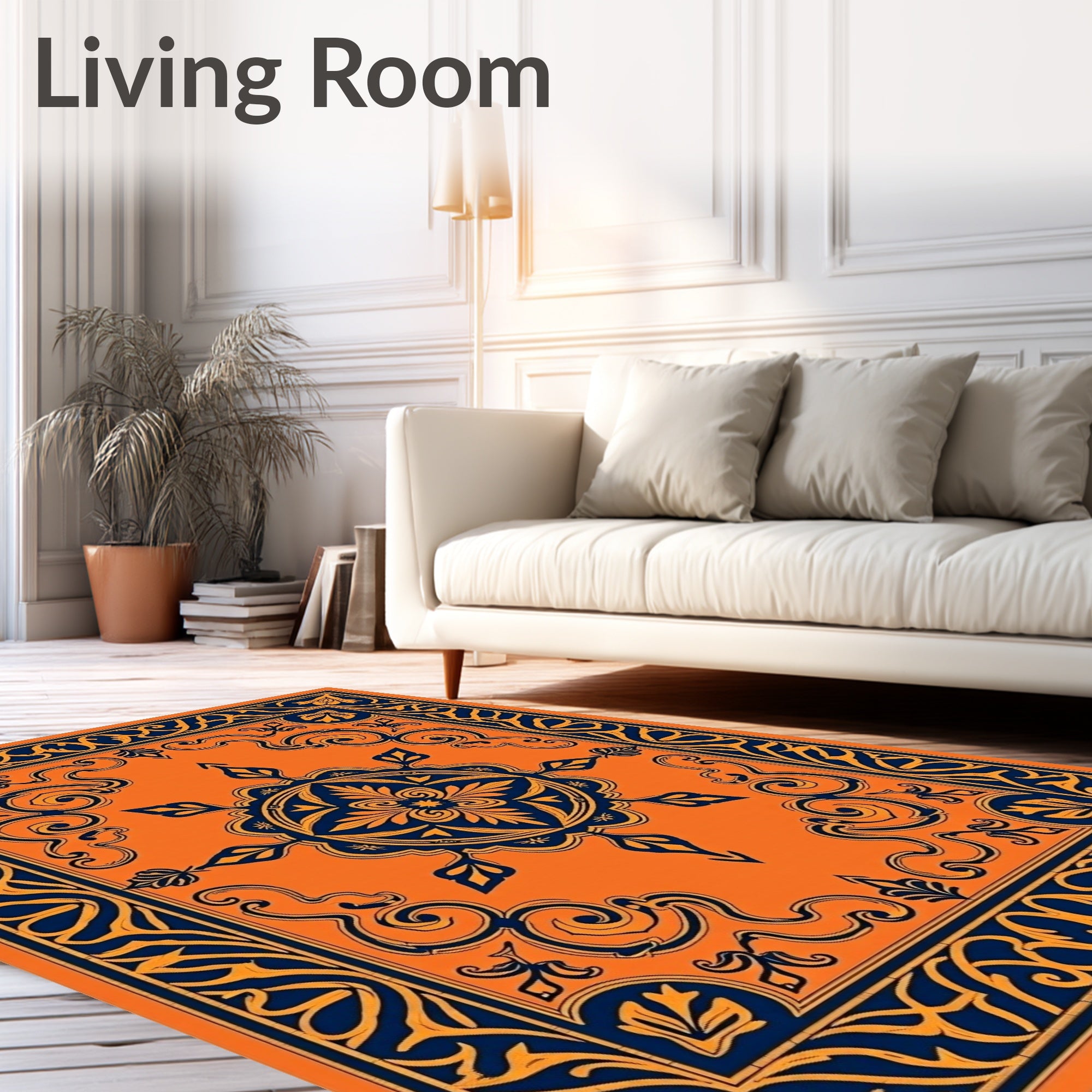 Vibrant Orange Navy Floral Medallion Rug