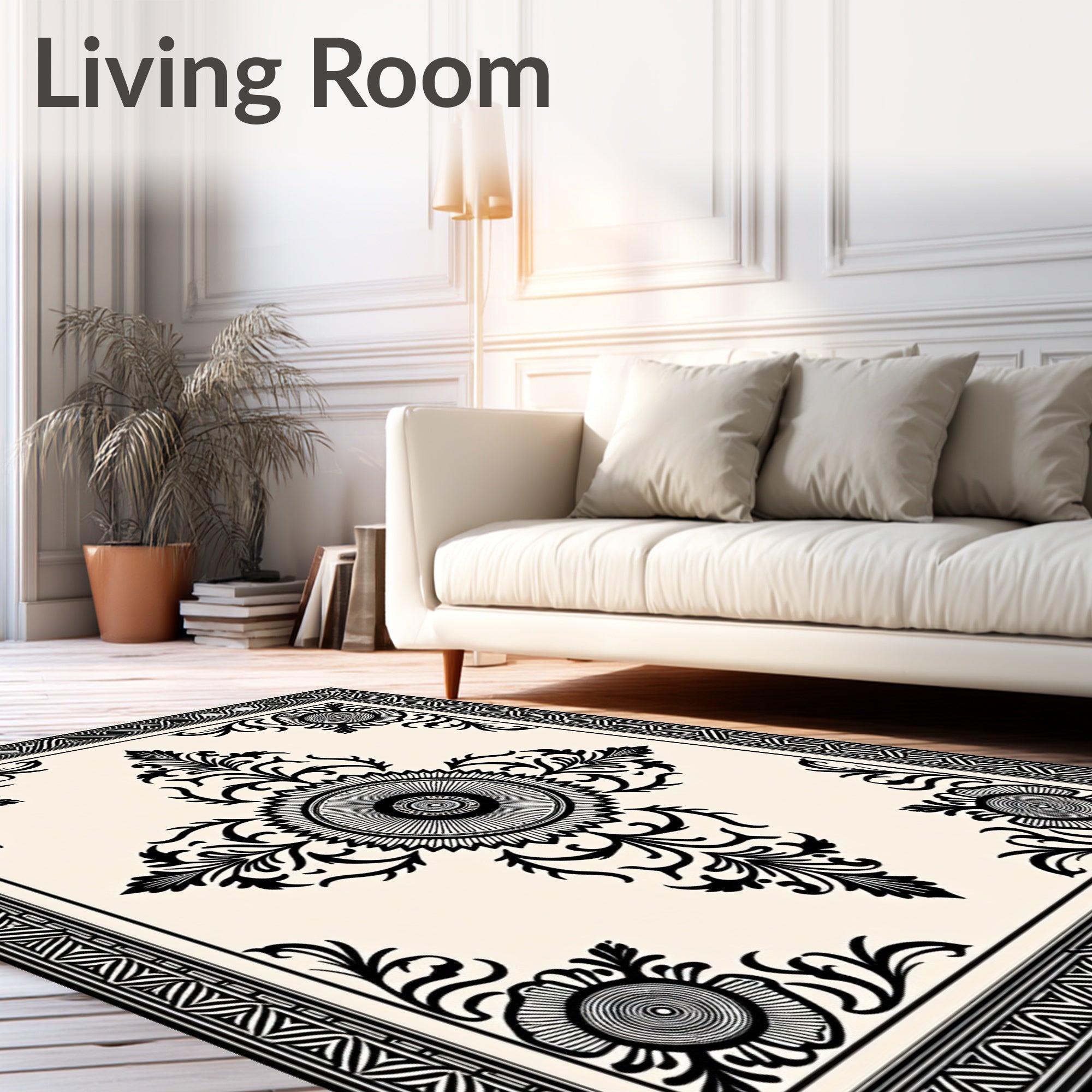 Black and Ivory Floral Crest Medallion Rug