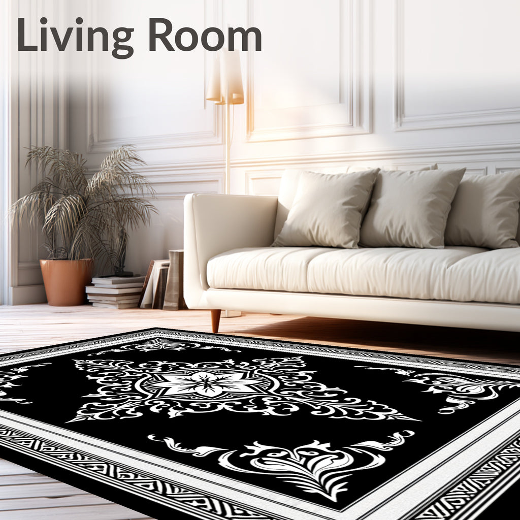 Striking Black White Damask Medallion Rug