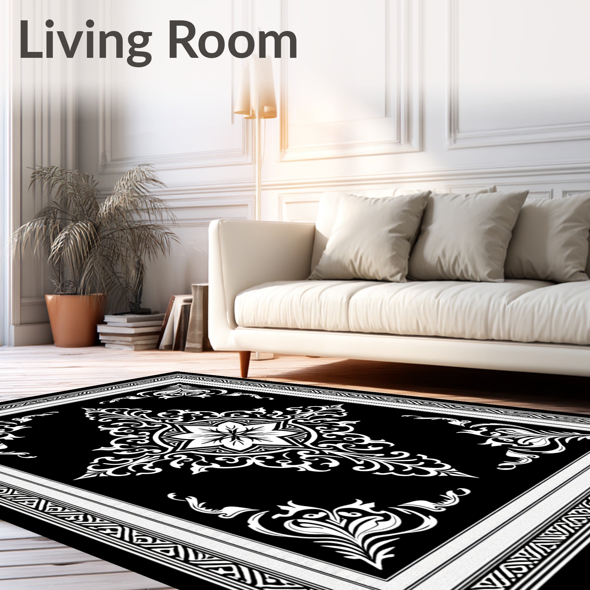 Striking Black White Damask Medallion Rug