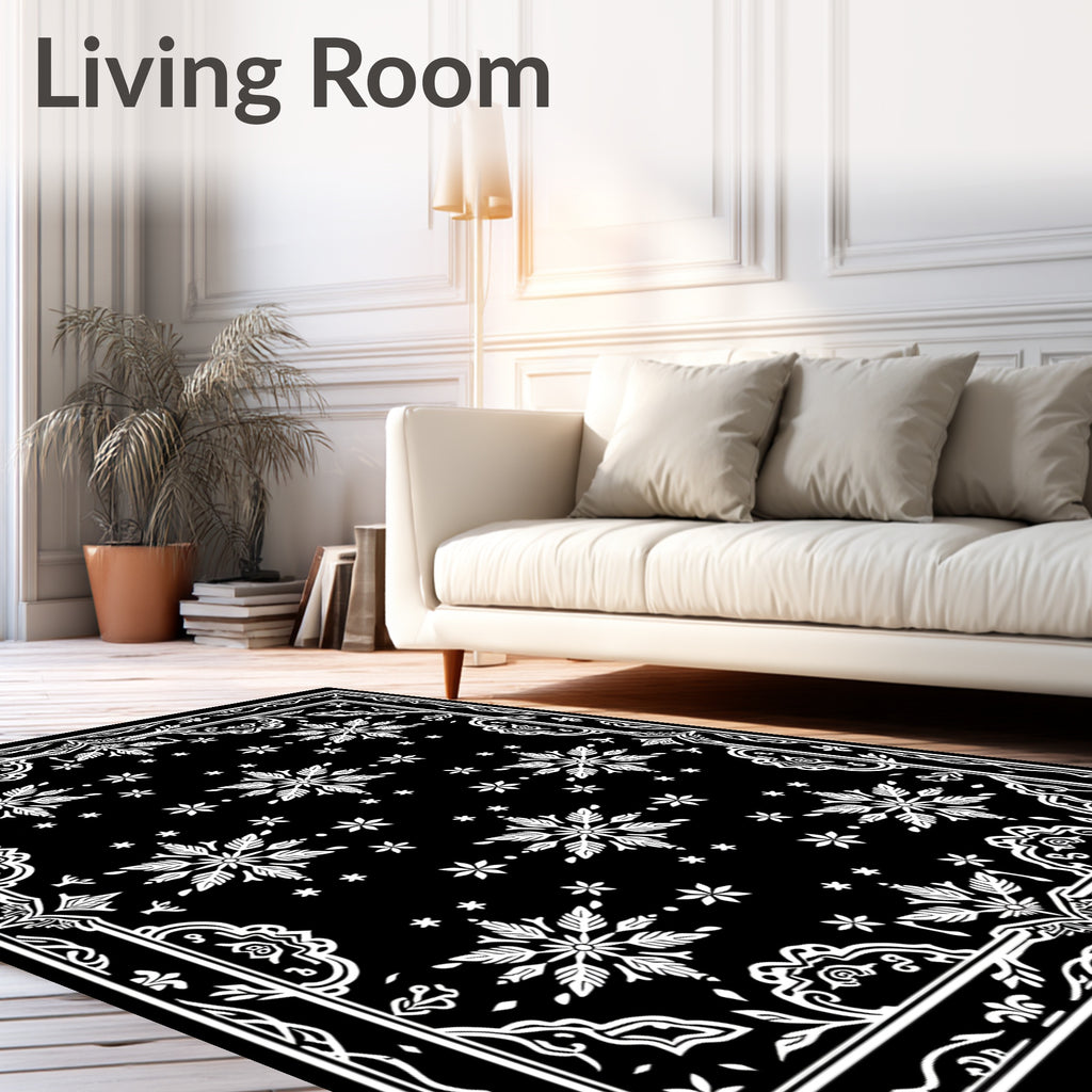Black White Snowflake Medallion Border Rug