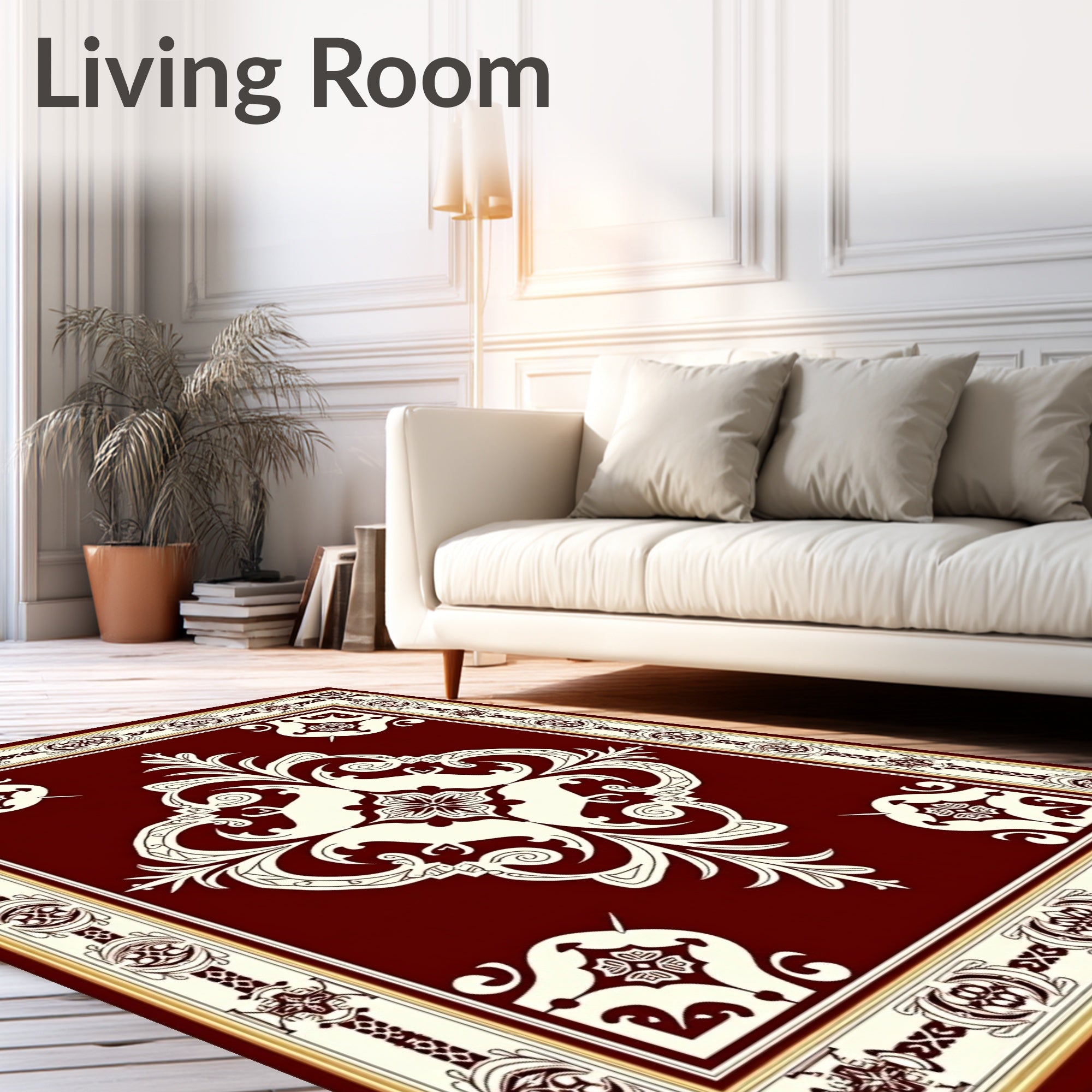 Crimson Ivory Filigree Scroll Border Rug