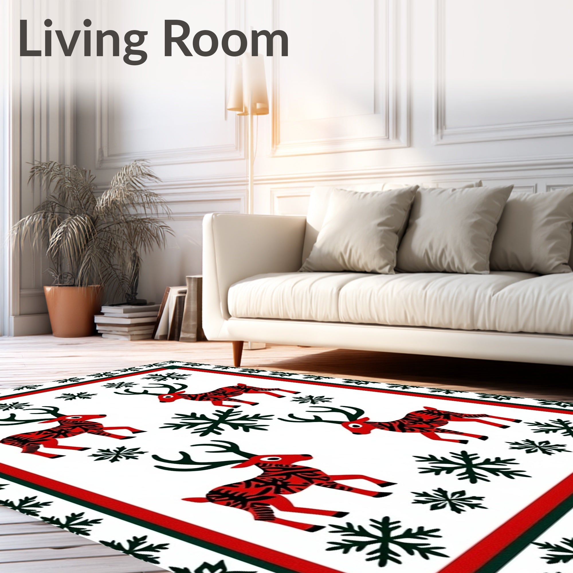 Red Reindeer Snowflake Holiday Border Rug