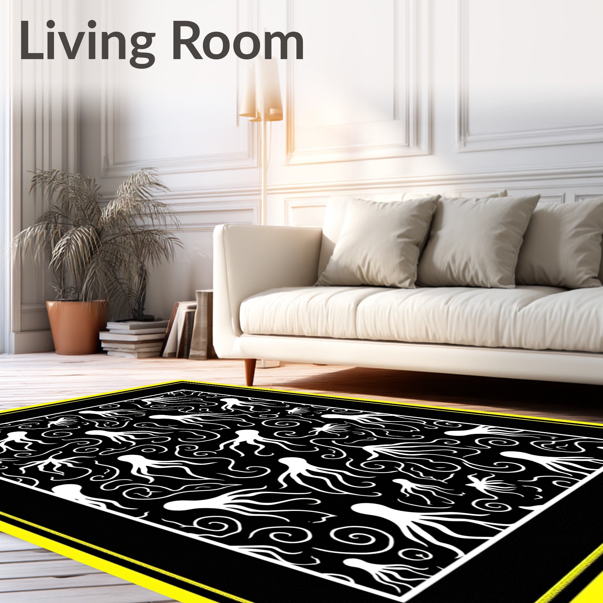 Whimsical White Octopus Swirl Black Rug