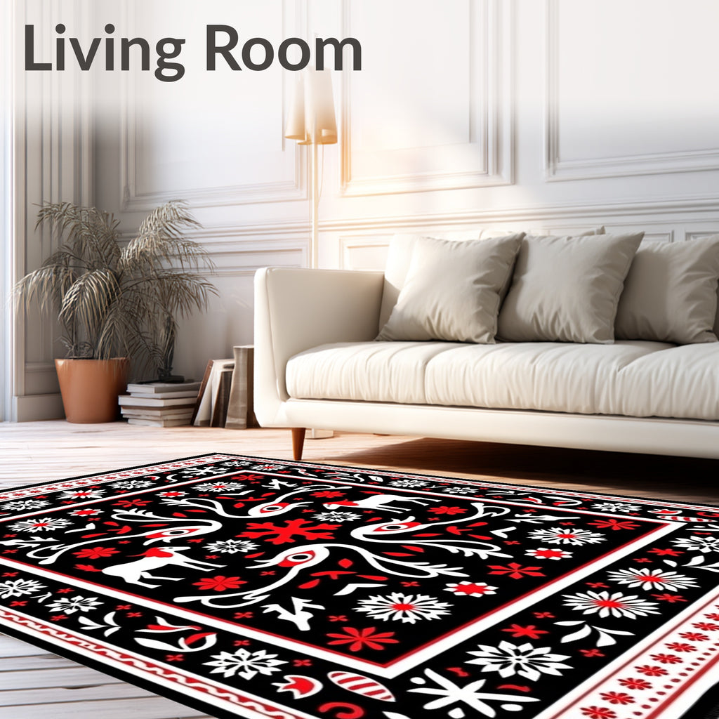 Bold Black Red White Folk Animals Rug