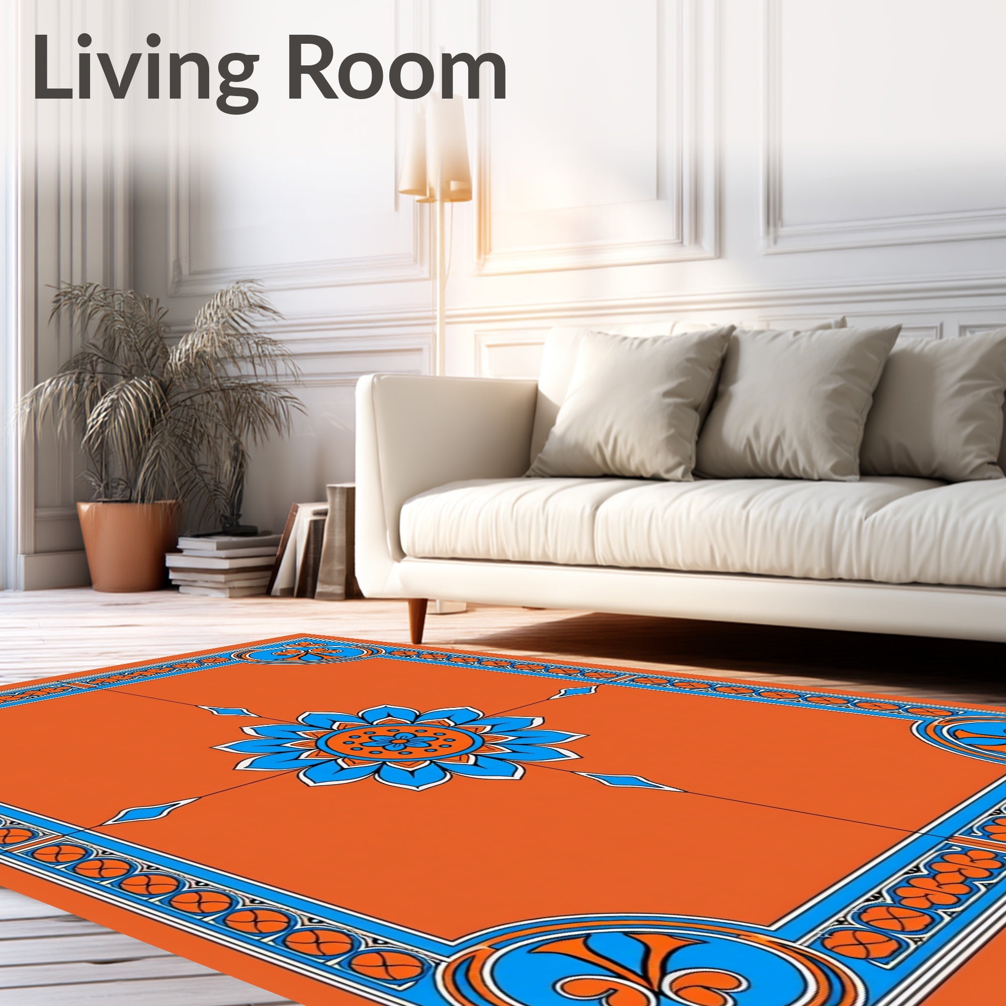 Bold Blue Floral Medallion Orange Rug