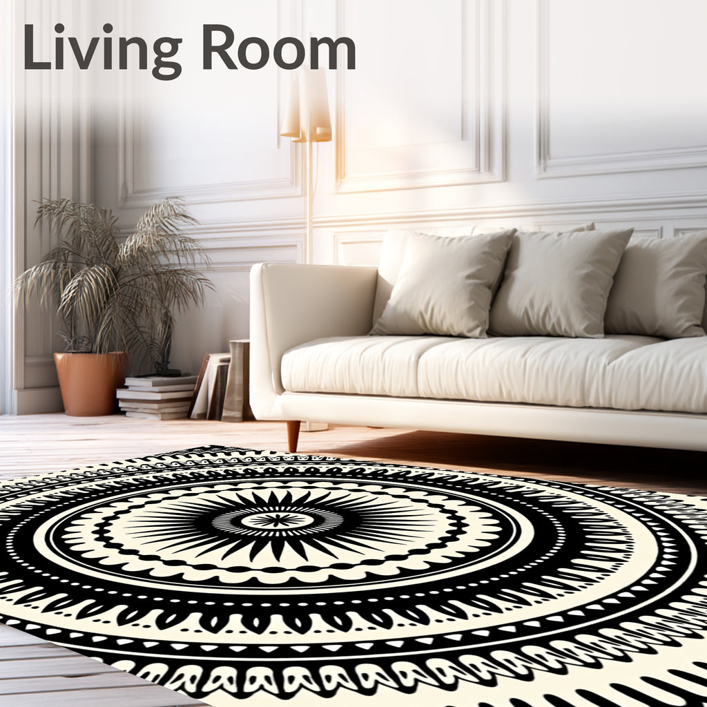 Bold Black Circular Spoke Mandala Rug