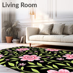 Pink Floral Vine Black Background Rug