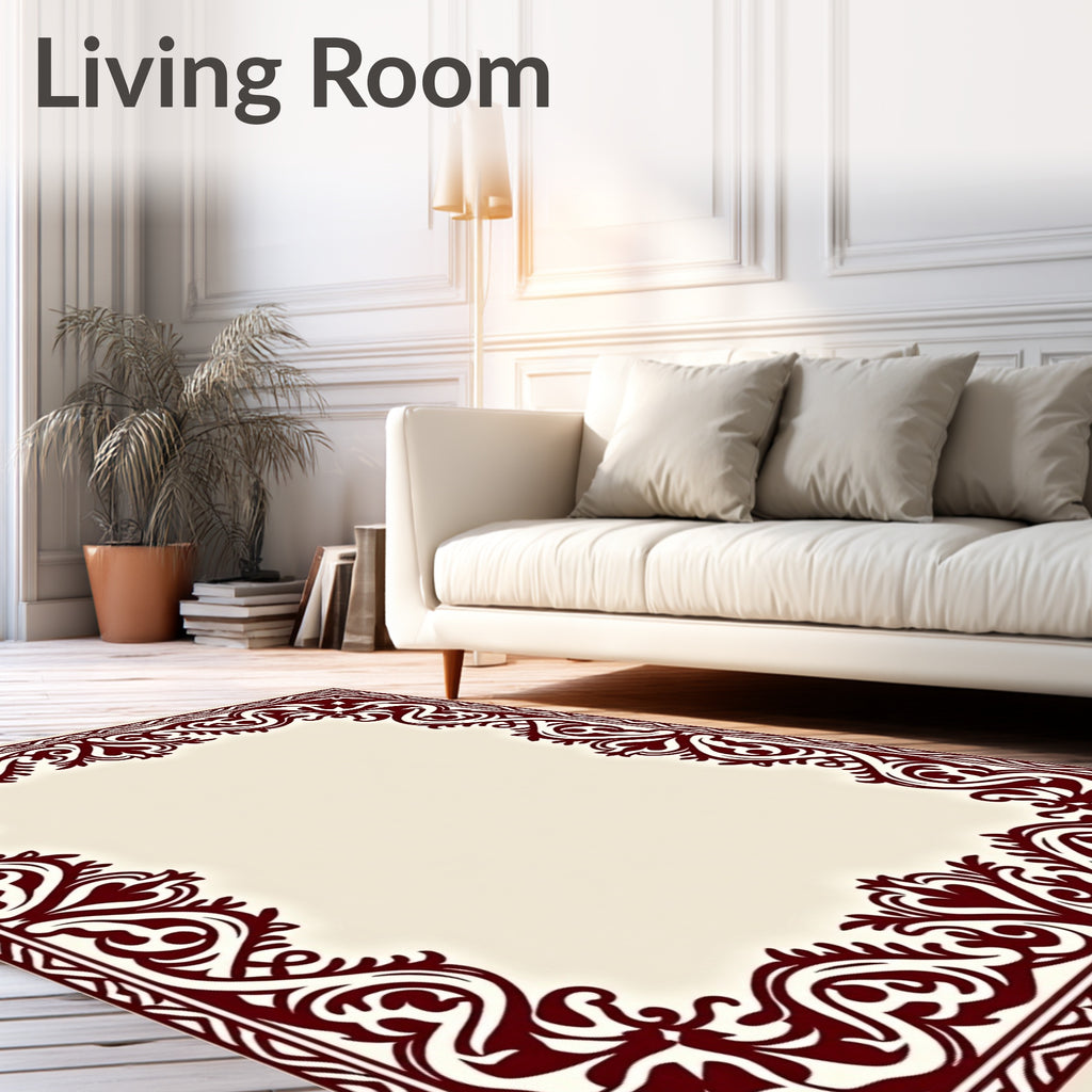 Elegant Maroon Floral Scroll Border Rug