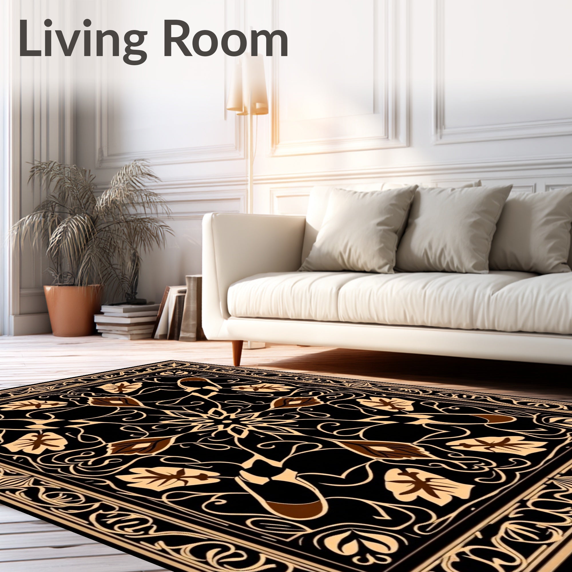 Black and Tan Floral Scroll Emblem Rug