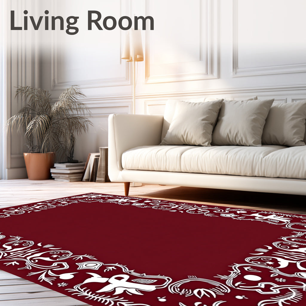 White Abstract Border Crimson Background Rug