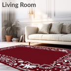 White Abstract Border Crimson Background Rug