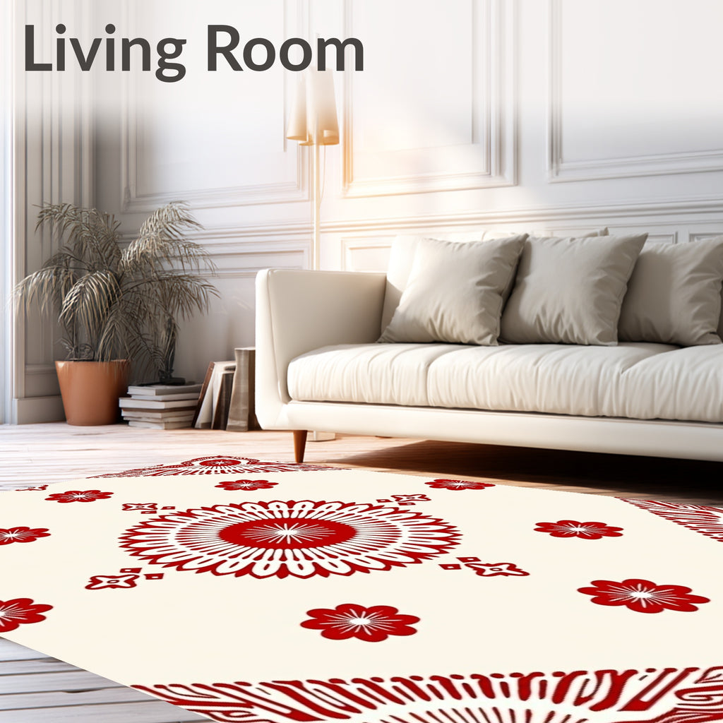 Vibrant Red Floral Mandala Cream Rug