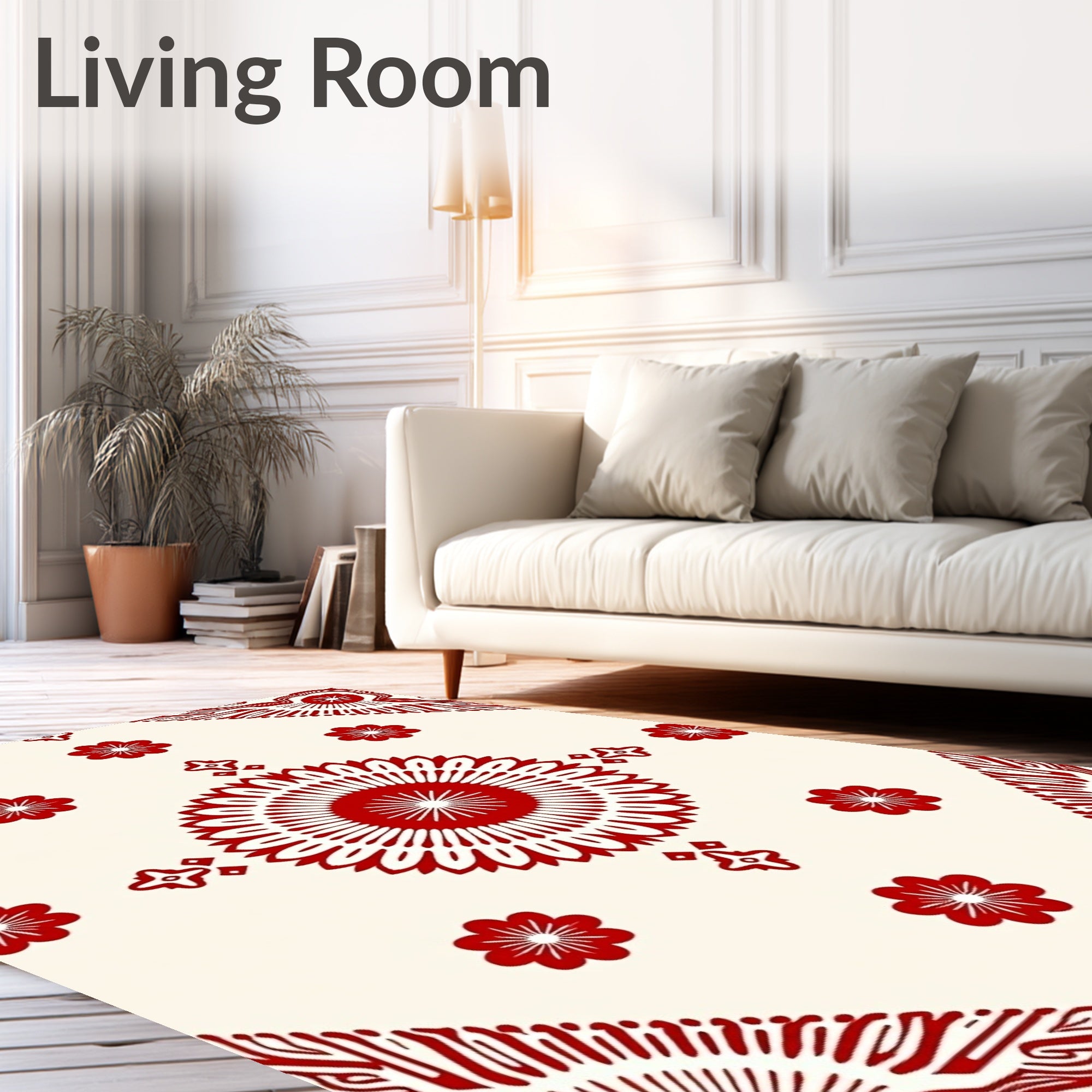 Vibrant Red Floral Mandala Cream Rug