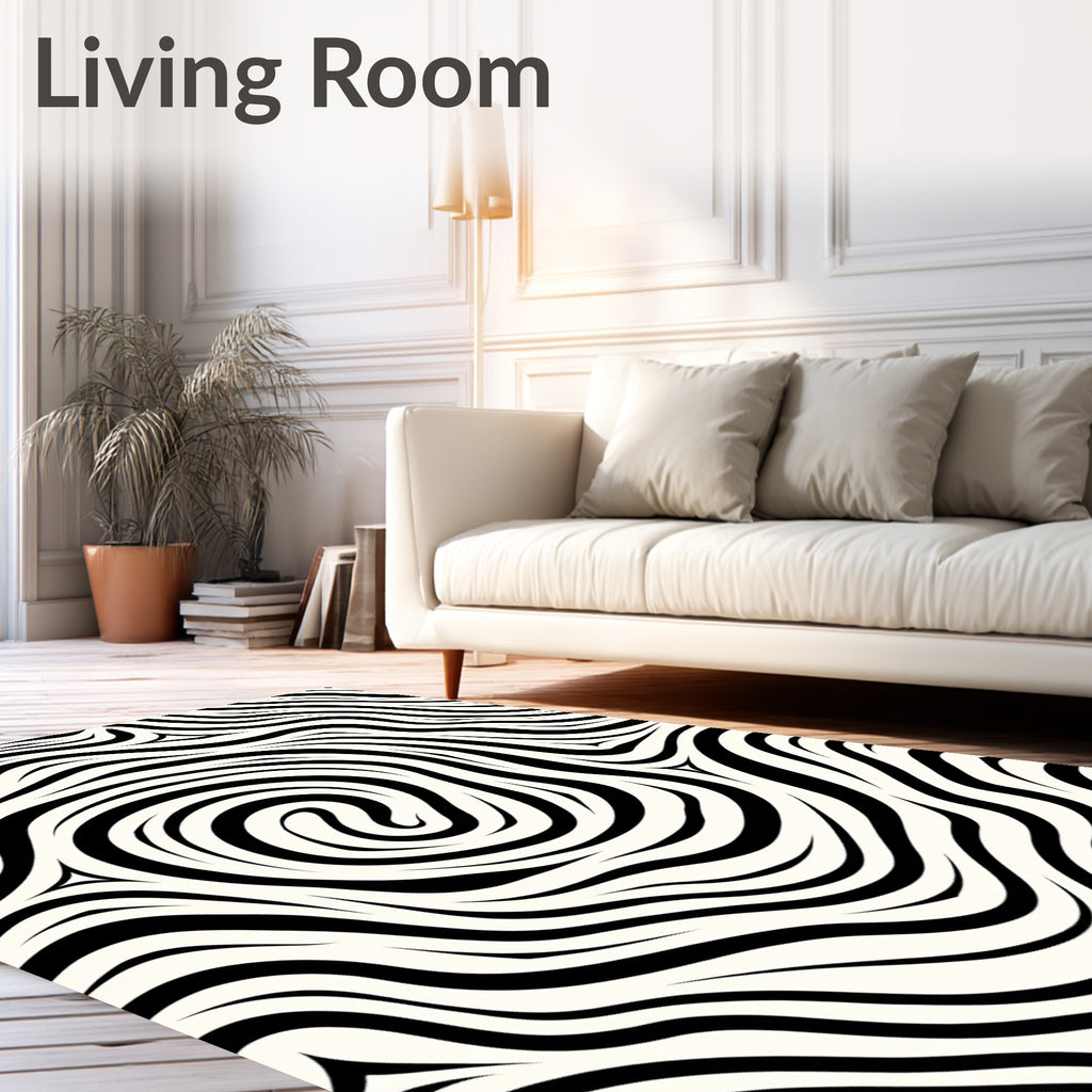 Monochromatic Black White Swirl Stripes Rug
