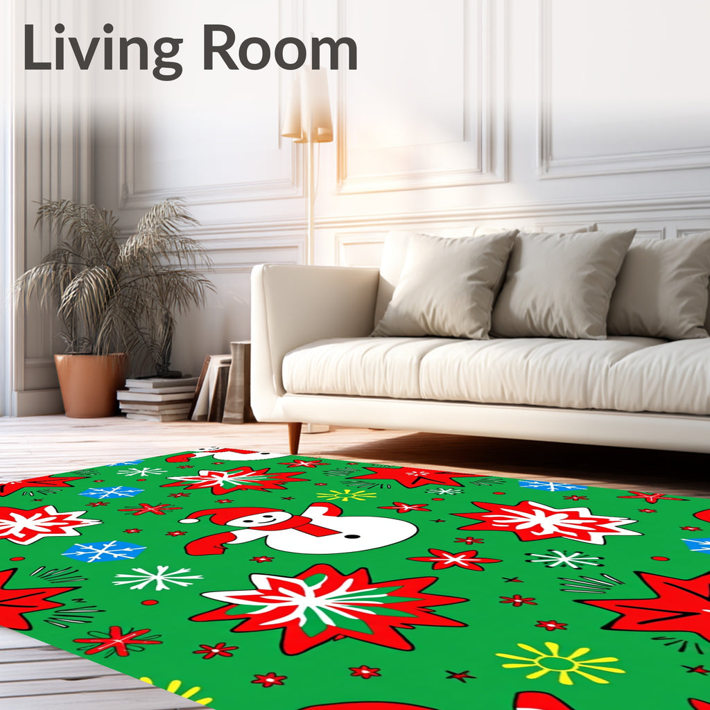 Charming Snowman Red Star Festive Snowflakes Rug