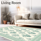 Victorian Green Damask Floral Border Rug