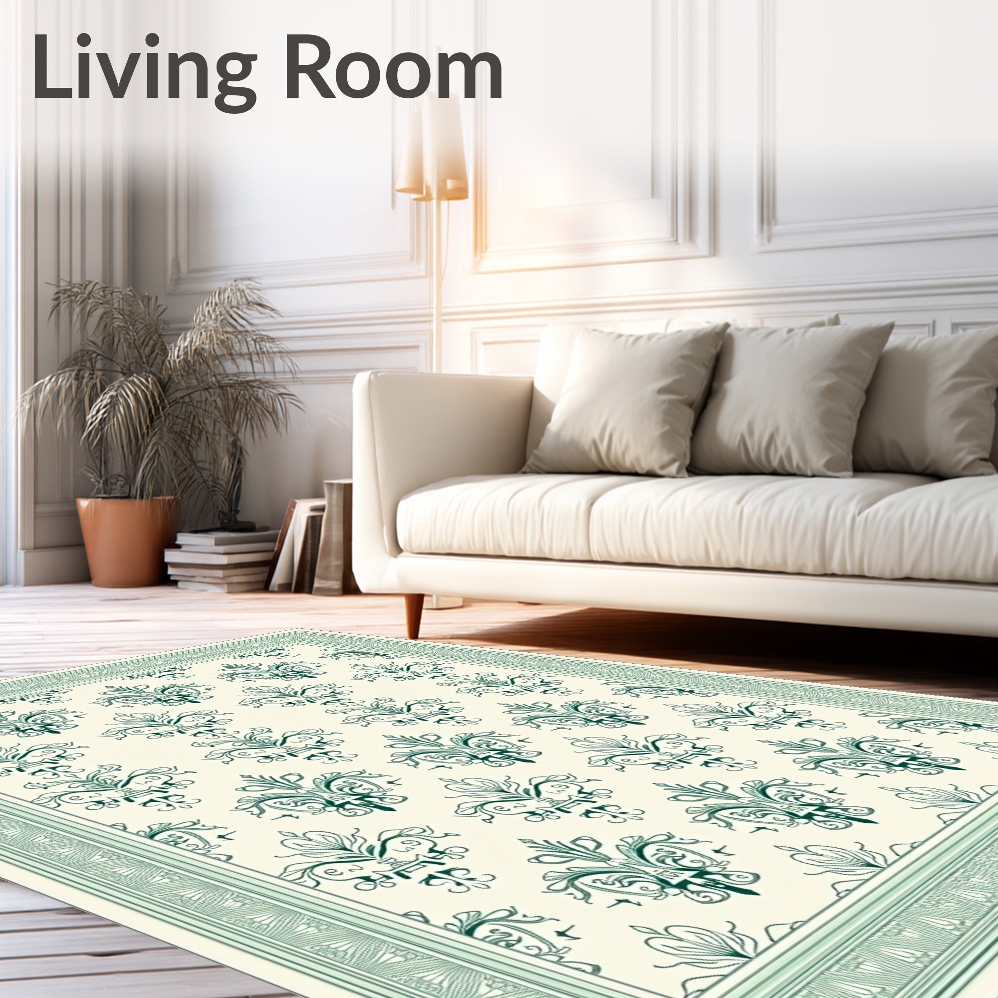 Victorian Green Damask Floral Border Rug