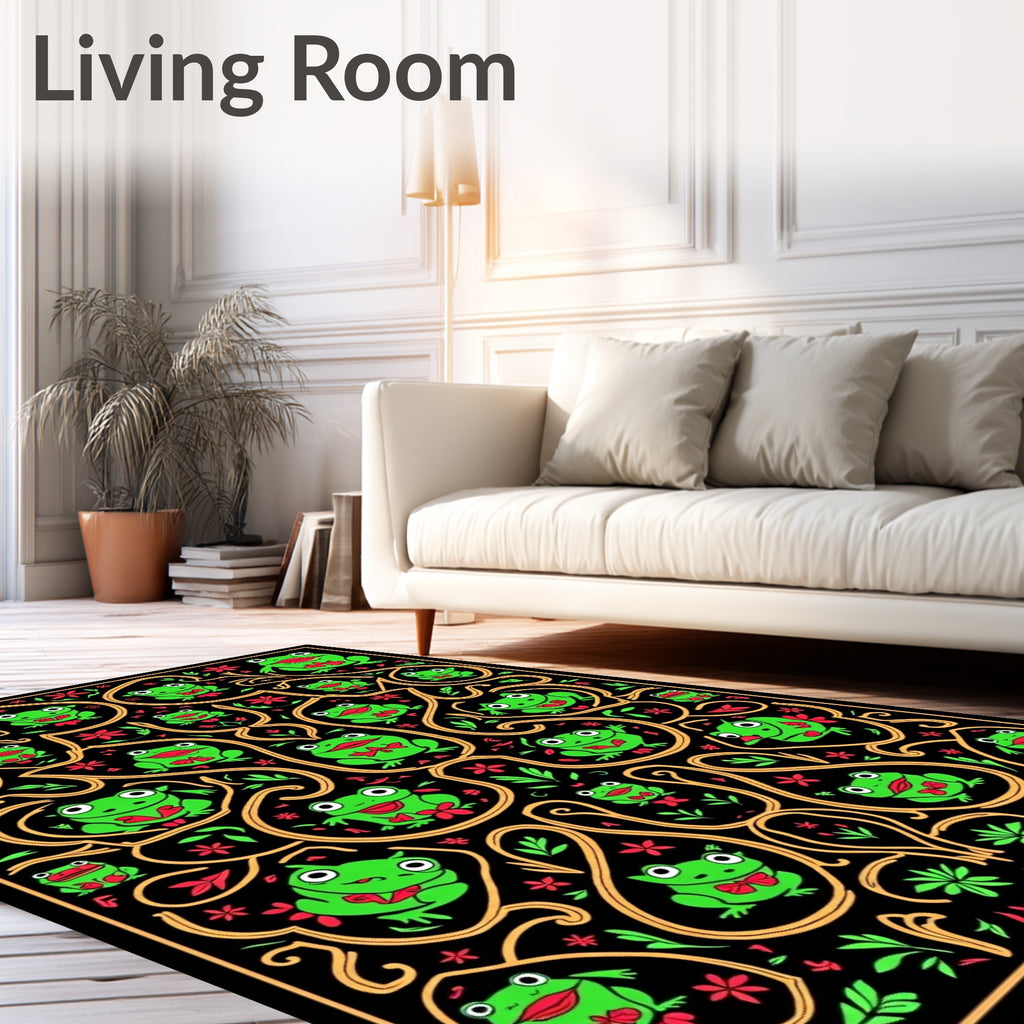 Whimsical Frog Floral Black And Gold Rug
