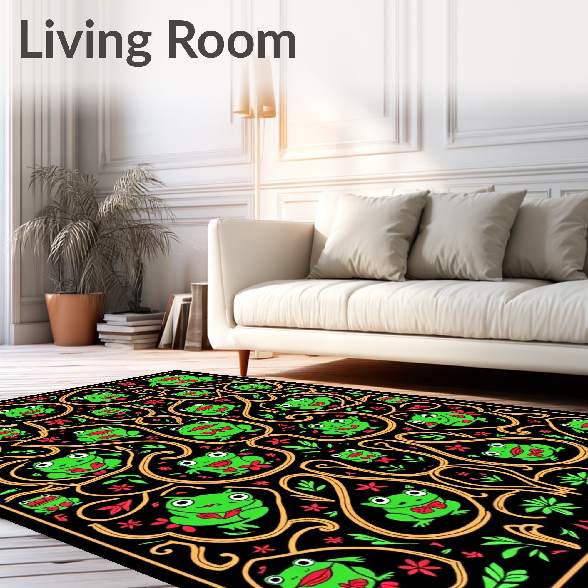 Whimsical Frog Floral Black And Gold Rug
