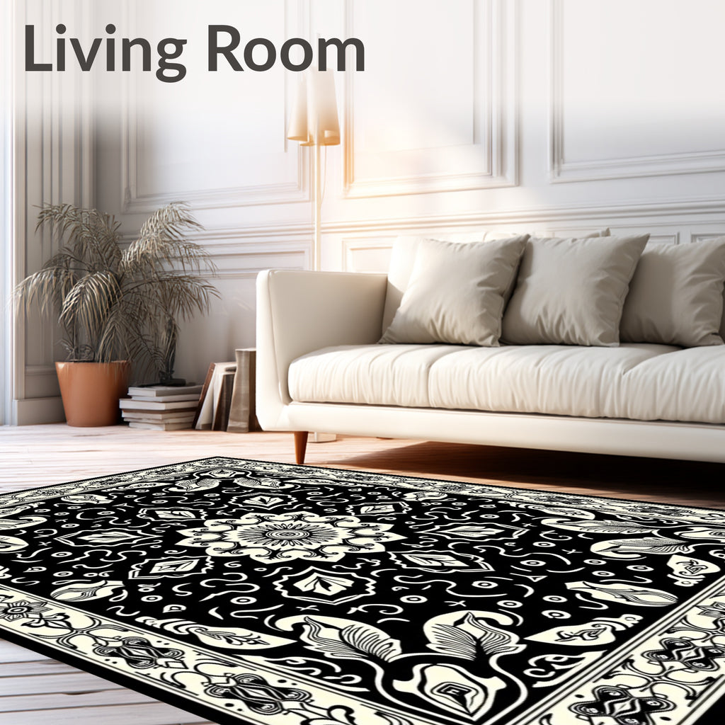 Black Cream Mandala Floral Border Rug