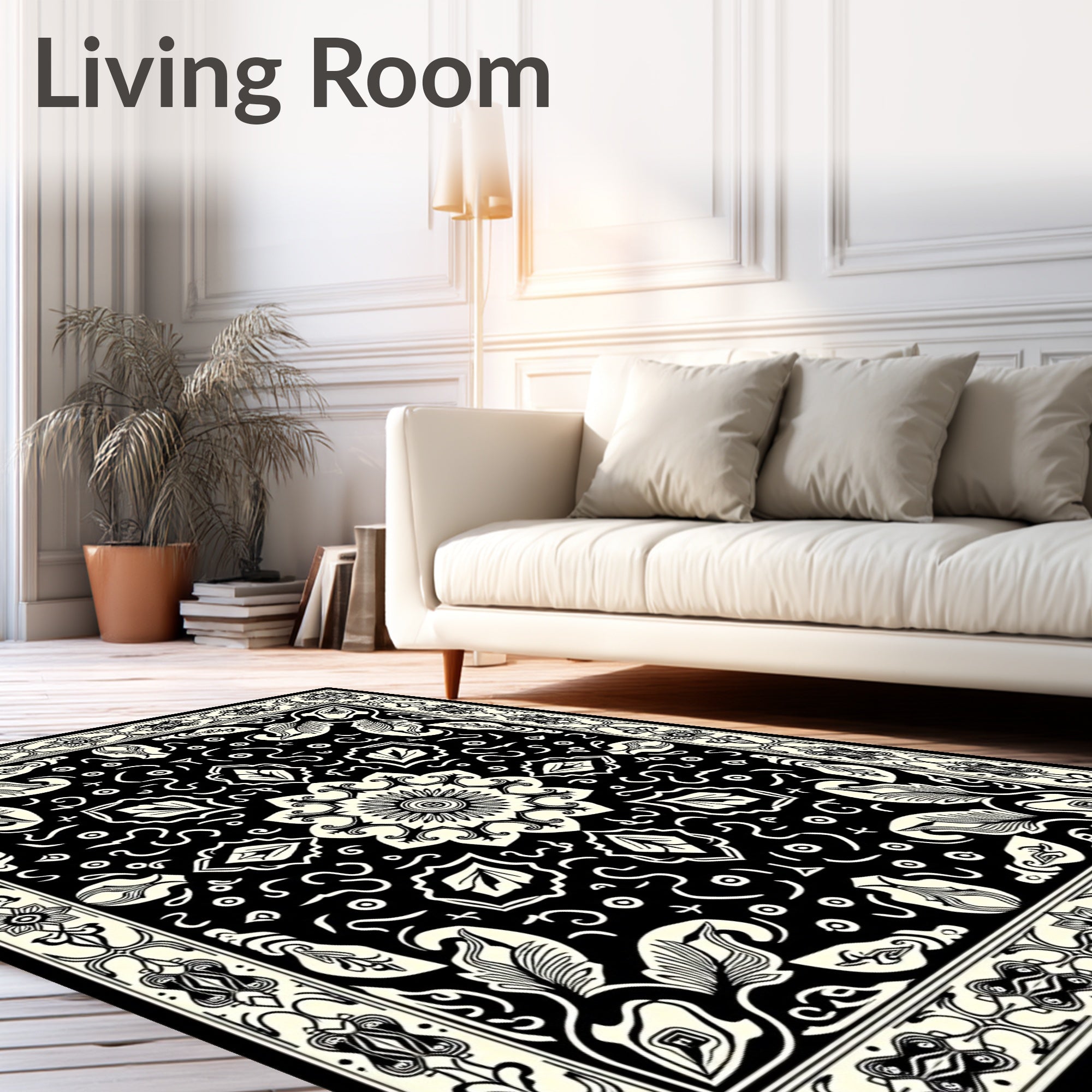 Black Cream Mandala Floral Border Rug