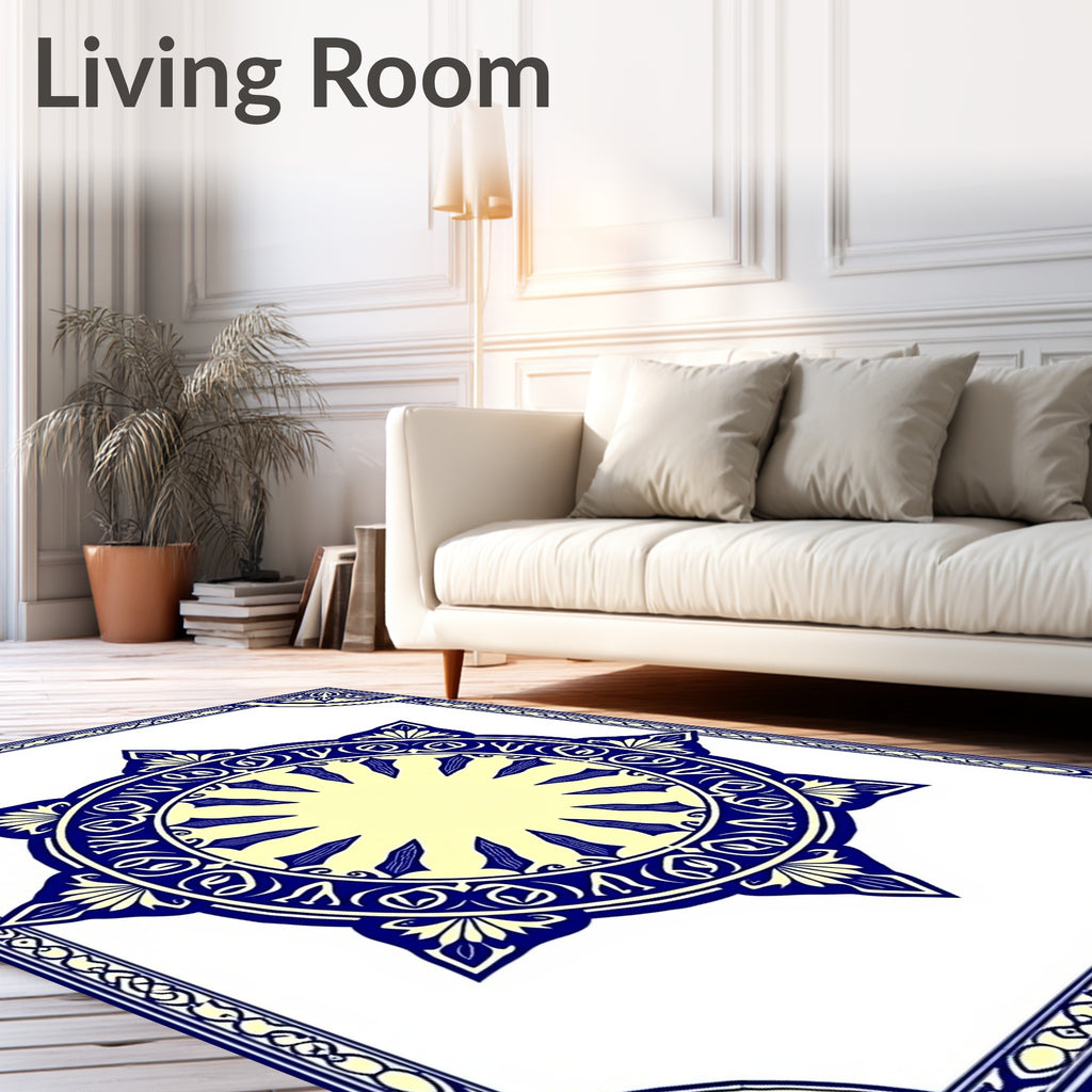 Ornate Blue and Cream Sunburst Rug