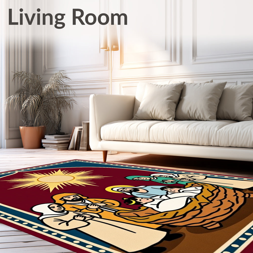 Crimson Nativity Scene Sun Rays Rug