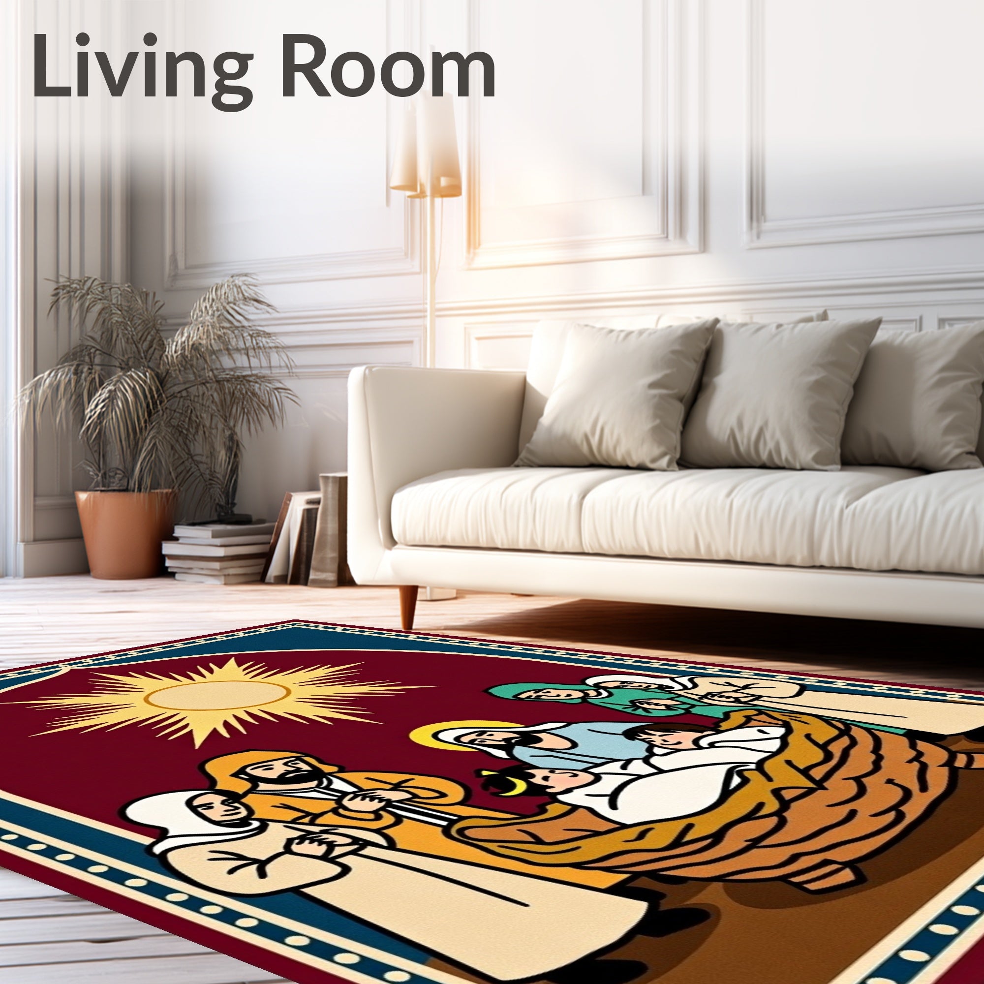 Crimson Nativity Scene Sun Rays Rug