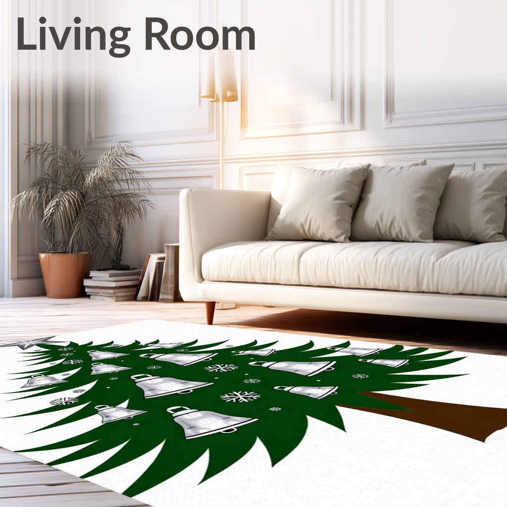 Festive Green Christmas Tree Bell Snowflakes Rug