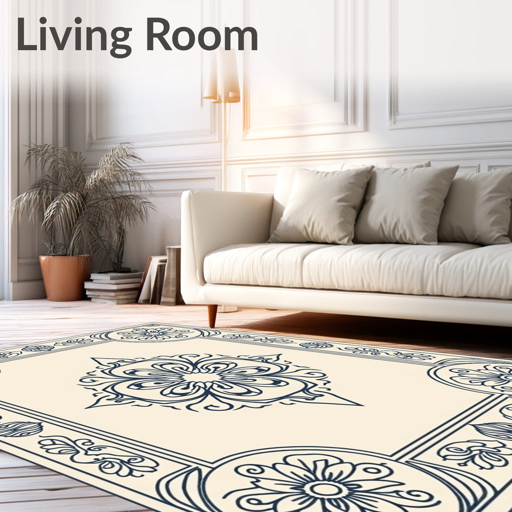 Navy Cream Floral Medallion Frame Rug