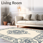 Navy Cream Floral Medallion Frame Rug