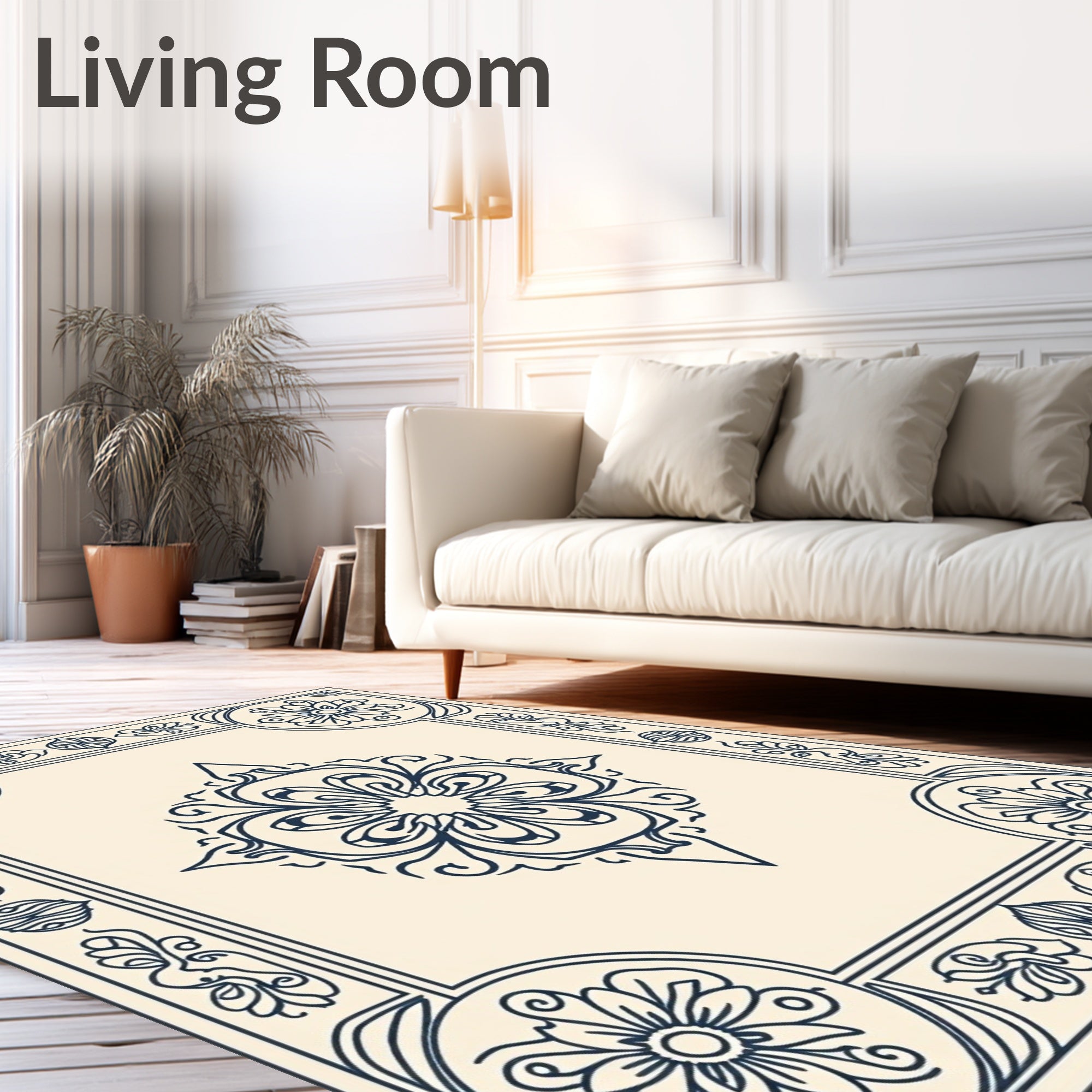 Navy Cream Floral Medallion Frame Rug