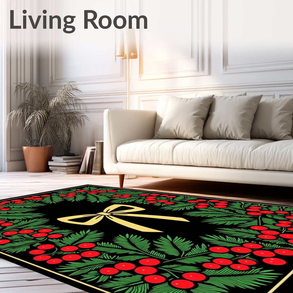 Golden Bow Red Berry Evergreen Wreath Rug