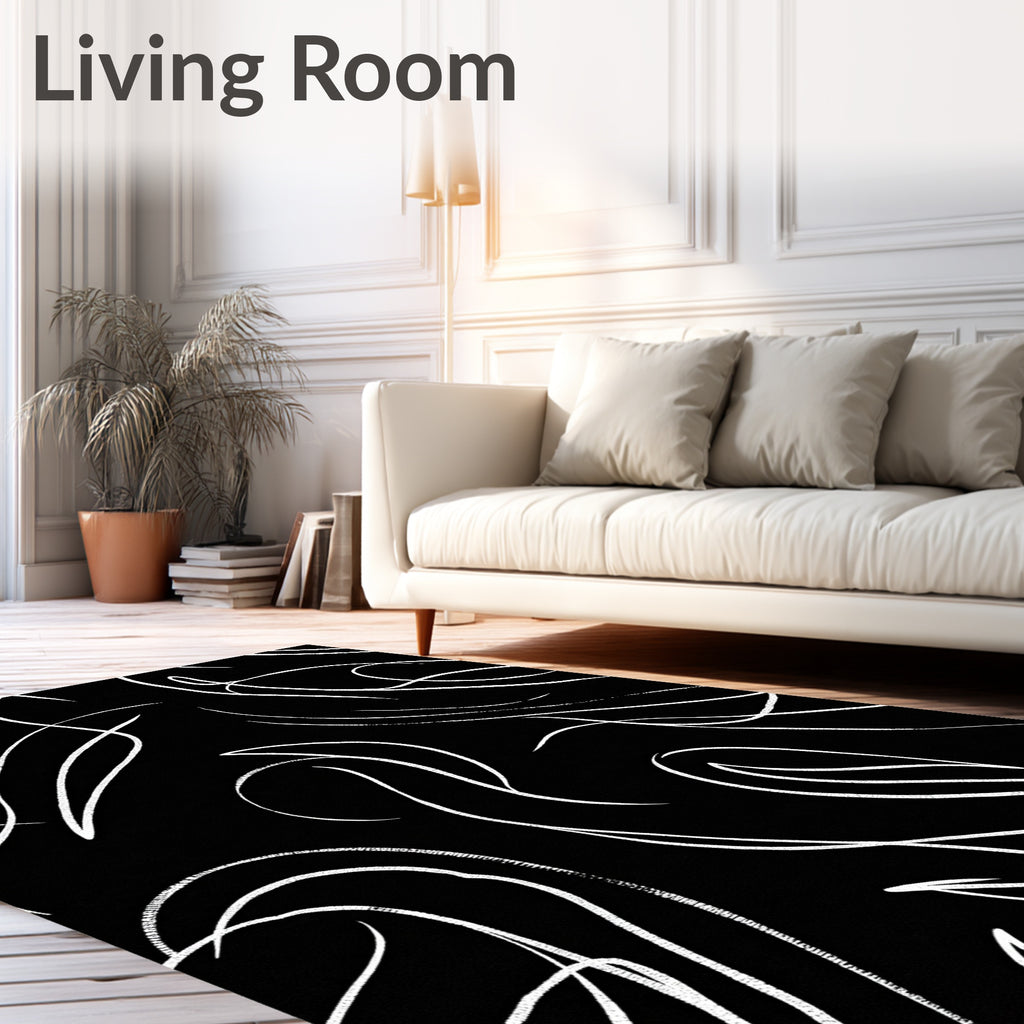 Whimsical White Brushstroke Flowing Lines Rug