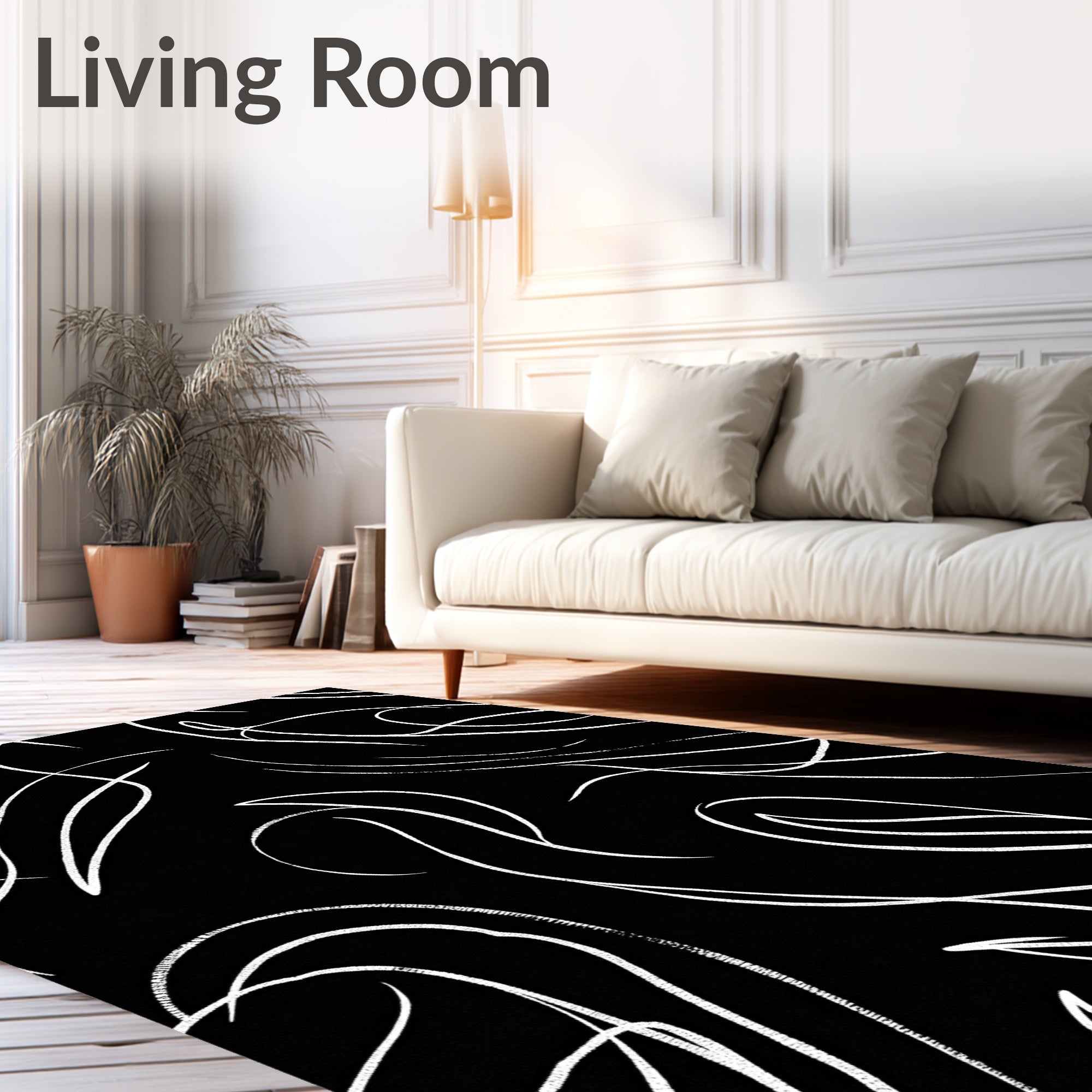 Whimsical White Brushstroke Flowing Lines Rug