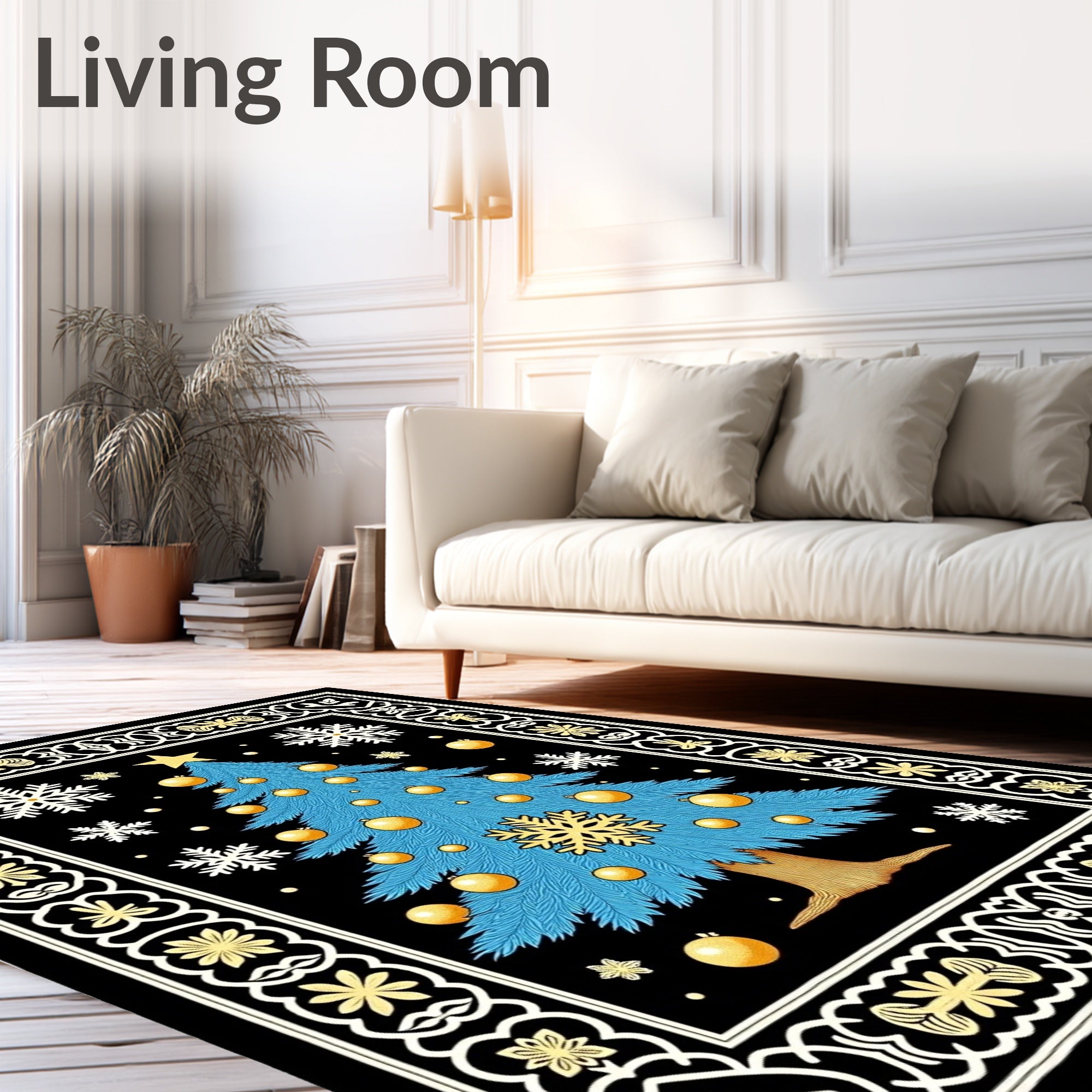 Festive Blue Christmas Tree Black Rug